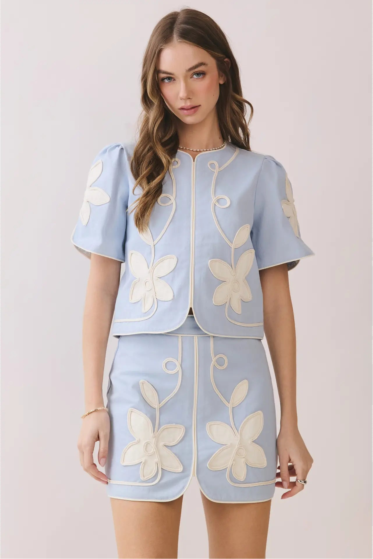 Appliqué Floral Short Puff Sleeve Structured Top - Blue