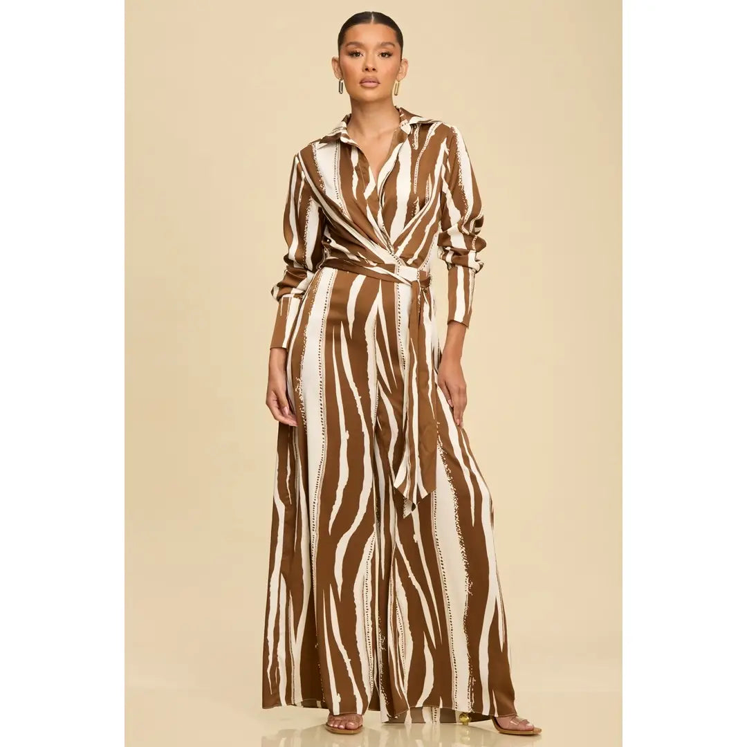 Aria Shirt Jumpsuit in Brown/white