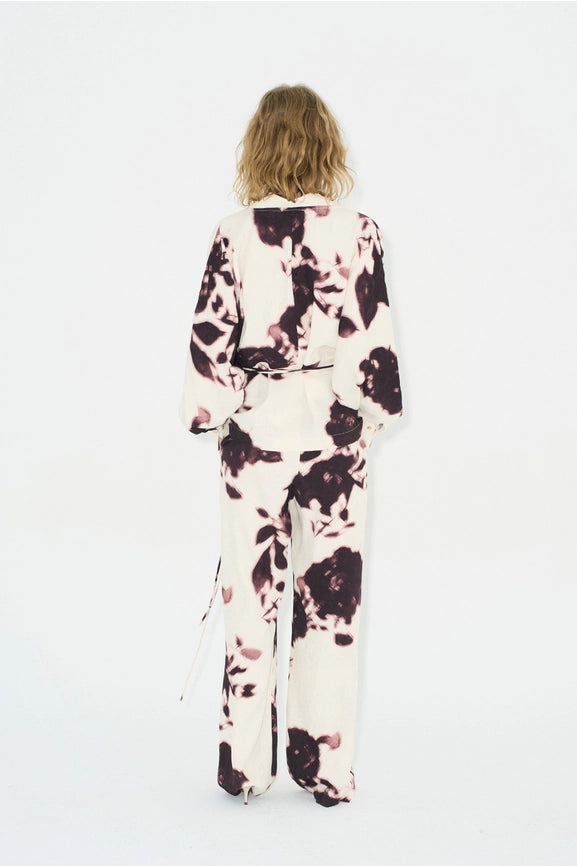 Arion Pants Wine-Rose-Pants-eikō ai-S-Cream background and Burgundy flowers-Urbanheer