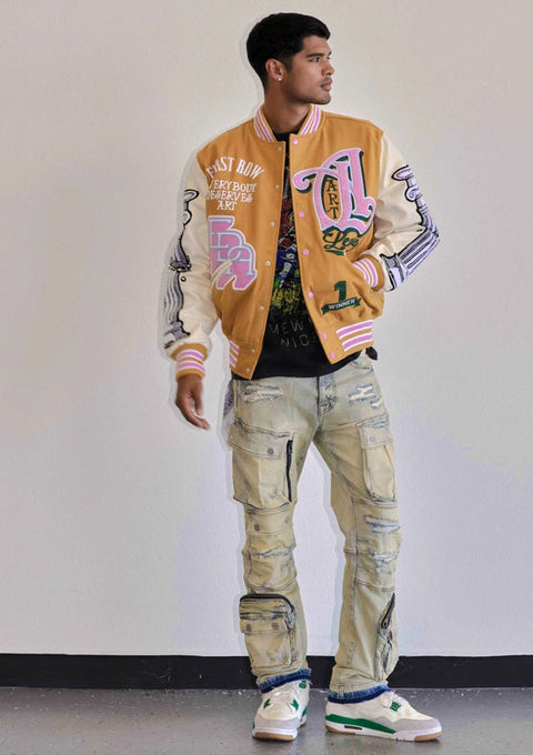 Art League Multi Patches Varsity Jacket Men-Jacket-First Row-S-Mustard-Urbanheer