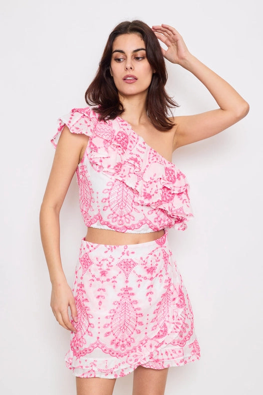 Asymmetric Ruffle Embroidered Top Pink-Top-Frime-S-Pink-Urbanheer