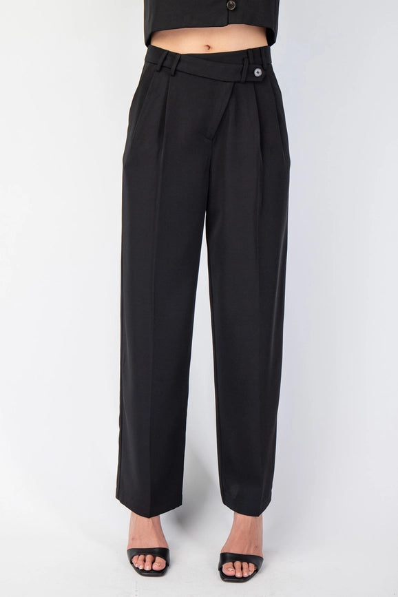 Asymmetric Wrap Front Woven Pants BLK-Pants-Edit by Nine-S-Urbanheer