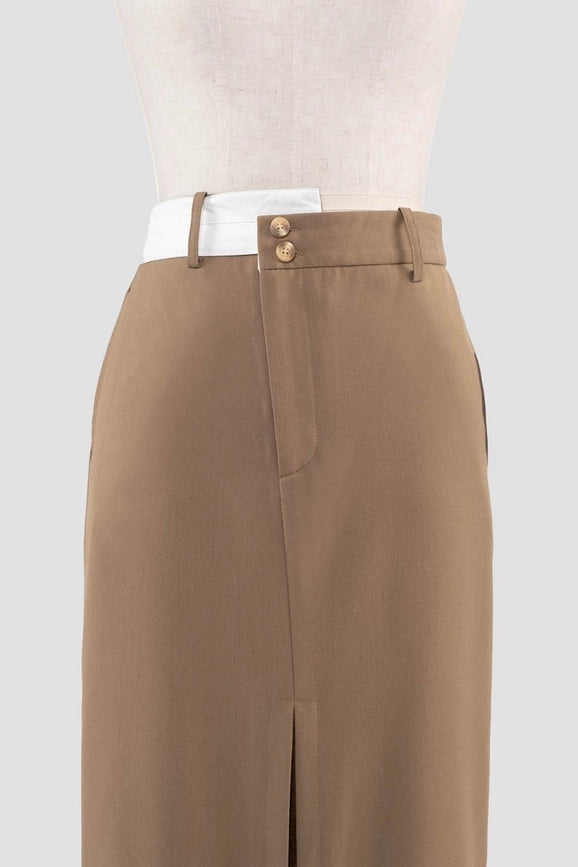 Asymmetrical Button Split Pencil Midi Skirt-Skirts-Moon River-XS-OLIVE-Urbanheer