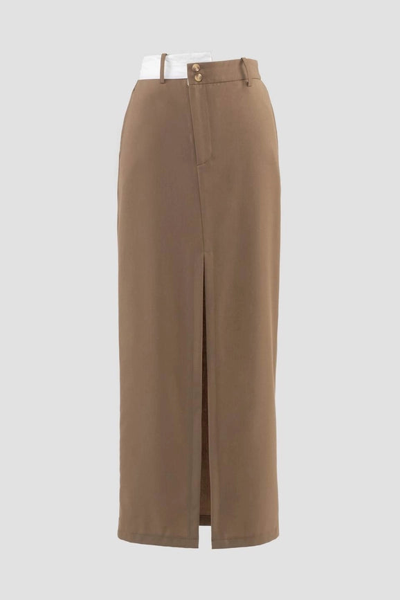 Asymmetrical Button Split Pencil Midi Skirt-Skirts-Moon River-XS-OLIVE-Urbanheer