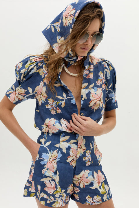 Athina Linen Shirt - Blue Poppy Print