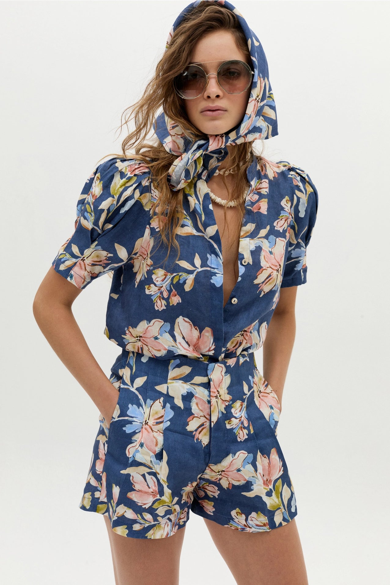 Athina Linen Shirt - Blue Poppy Print