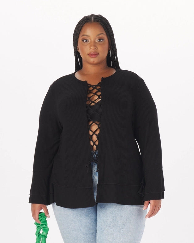 "Atlee" Viscose Lace-Up Full-Length Top in Black-Top-What Lo Wants-2X-Urbanheer