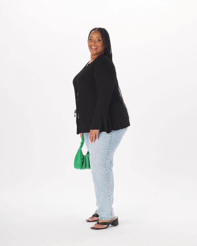 "Atlee" Viscose Lace-Up Full-Length Top in Black-Top-What Lo Wants-2X-Urbanheer