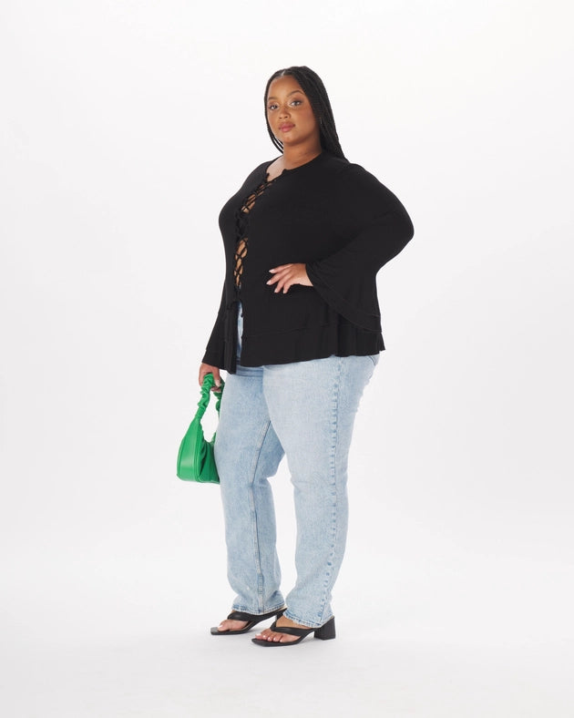 "Atlee" Viscose Lace-Up Full-Length Top in Black-Top-What Lo Wants-2X-Urbanheer