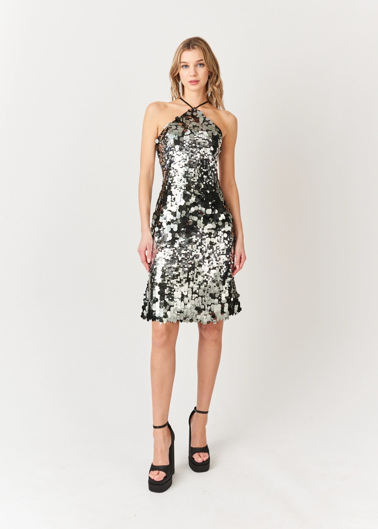 Austin Sequin Disc Halter Midi Dress