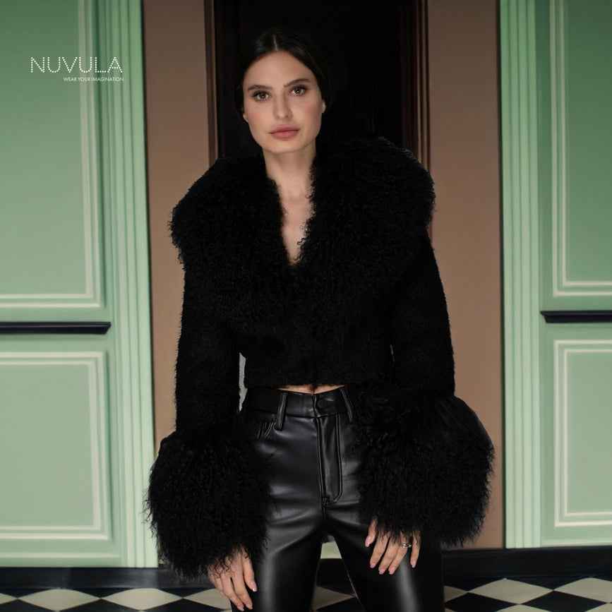 Aw - Black Cropped Mongolian Shearling Coat-Coats-Nuvula-S-Urbanheer