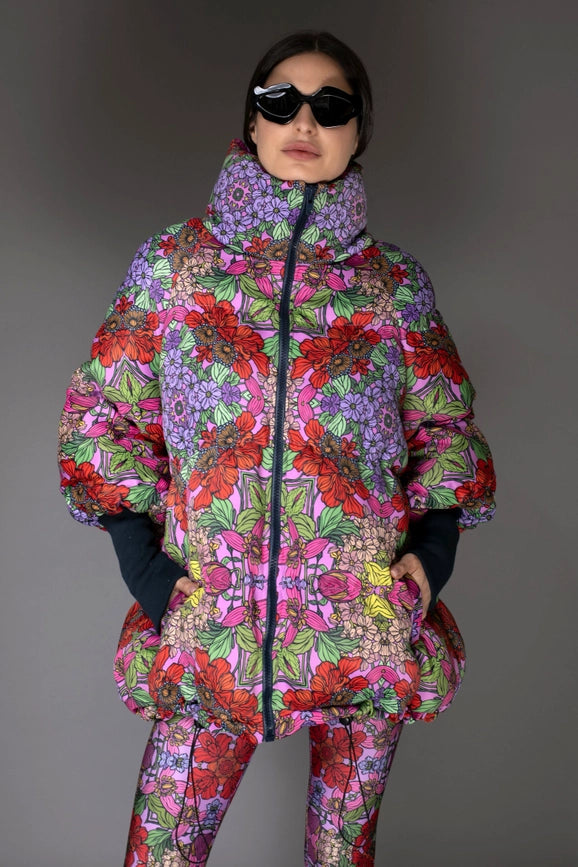Aw Jacket - Floral Red Stand-Up Collar Puffer-Jacket-Nuvula-S-Urbanheer
