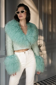 Aw - Mint Green Cropped Aw Coat - Light Purple Cashmere & Mongolian Shearling Coat-Coats-Nuvula-S-Urbanheer