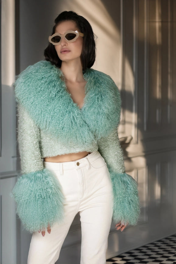 Aw - Mint Green Cropped Aw Coat - Light Purple Cashmere & Mongolian Shearling Coat-Coats-Nuvula-S-Urbanheer