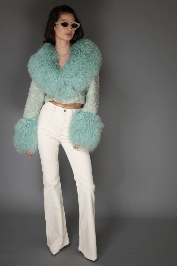 Aw - Mint Green Cropped Aw Coat - Light Purple Cashmere & Mongolian Shearling Coat-Coats-Nuvula-S-Urbanheer