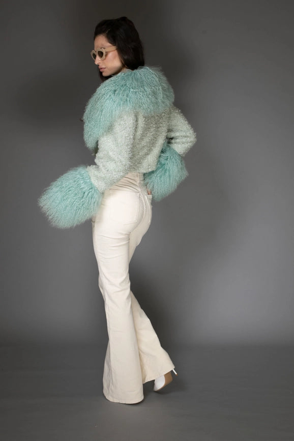 Aw - Mint Green Cropped Aw Coat - Light Purple Cashmere & Mongolian Shearling Coat-Coats-Nuvula-S-Urbanheer