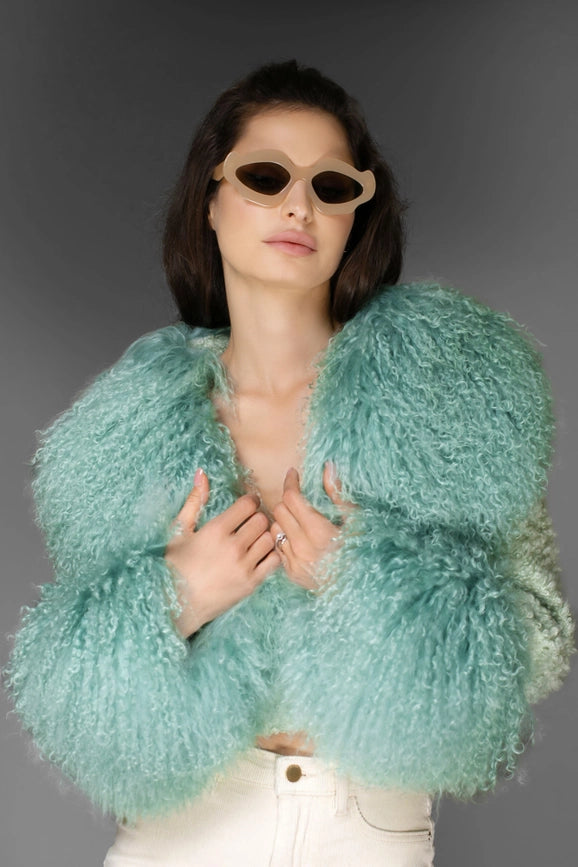 Aw - Mint Green Cropped Aw Coat - Light Purple Cashmere & Mongolian Shearling Coat-Coats-Nuvula-S-Urbanheer