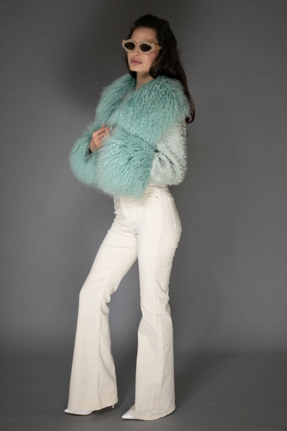 Aw - Mint Green Cropped Aw Coat - Light Purple Cashmere & Mongolian Shearling Coat-Coats-Nuvula-S-Urbanheer