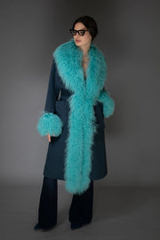 Aw Wool Cashmere Coat - Turquoise Mongolian Shearling Collar-Coats-Nuvula-S-Urbanheer
