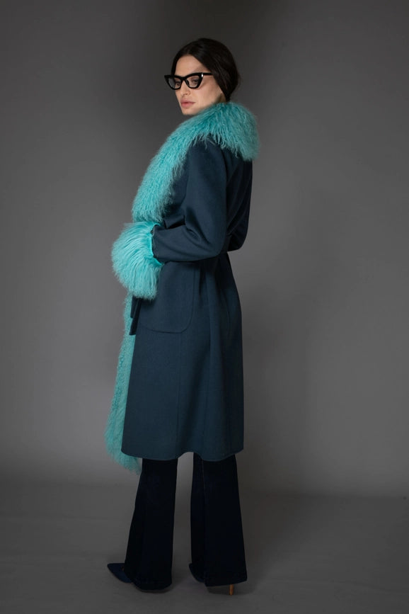 Aw Wool Cashmere Coat - Turquoise Mongolian Shearling Collar-Coats-Nuvula-S-Urbanheer