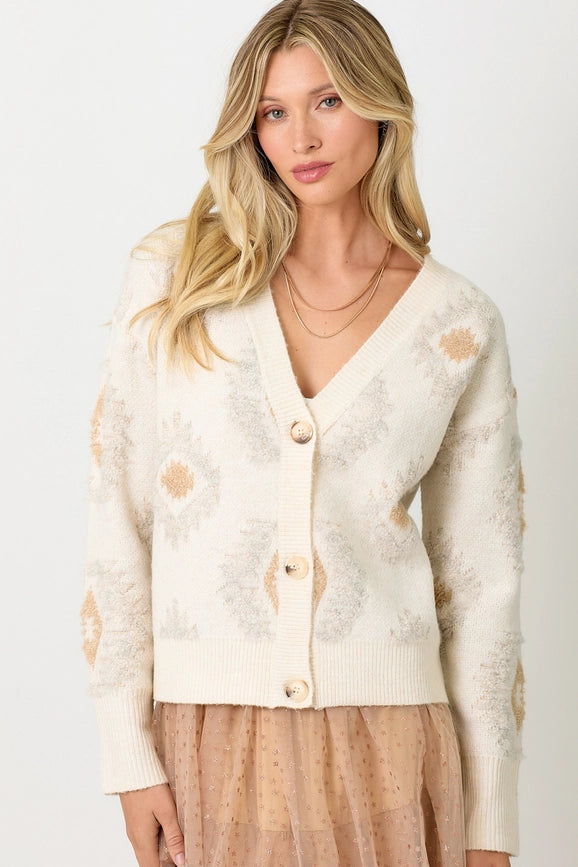 Aztec Pattern Button Down Cardigan Ivory Mix-Cardigan-Mystree-S-Ivory Mix-Urbanheer