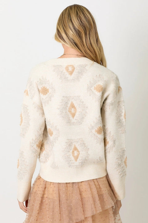 Aztec Pattern Button Down Cardigan Ivory Mix-Cardigan-Mystree-S-Ivory Mix-Urbanheer
