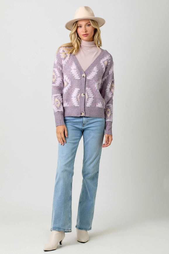 Aztec Pattern Button Down Cardigan Lavender Mix-Cardigan-Mystree-S-Lavender Mix-Urbanheer