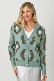 Aztec Pattern Button Down Cardigan Sage Mix-Cardigan-Mystree-S-Sage Mix-Urbanheer