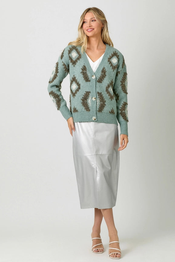 Aztec Pattern Button Down Cardigan Sage Mix-Cardigan-Mystree-S-Sage Mix-Urbanheer