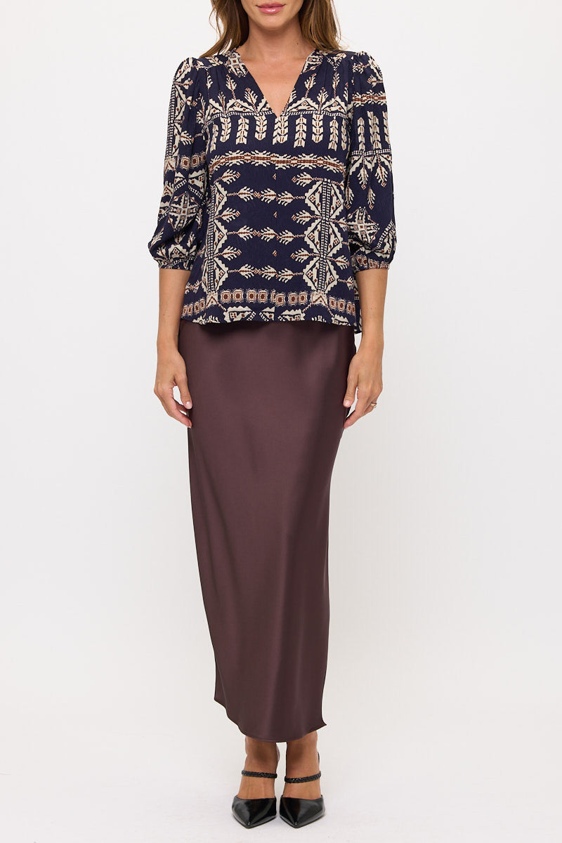 Aztec Print V Neck 3/4 Sleeve Top-3