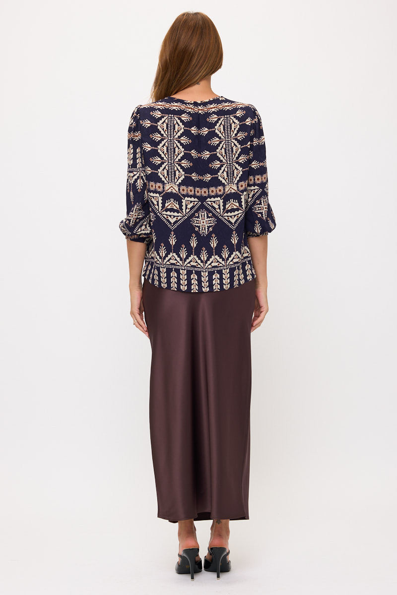 Aztec Print V Neck 3/4 Sleeve Top-4