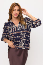 Aztec Print V Neck 3/4 Sleeve Top-0