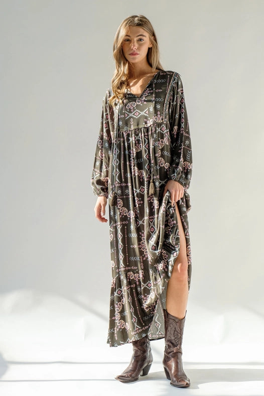 Aztec Rayon Keyhole Trim Detail Tassel Midi Dress-Dress-Blue B-S-Urbanheer