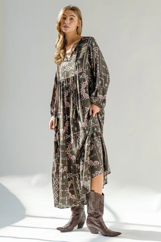 Aztec Rayon Keyhole Trim Detail Tassel Midi Dress-Dress-Blue B-S-Urbanheer