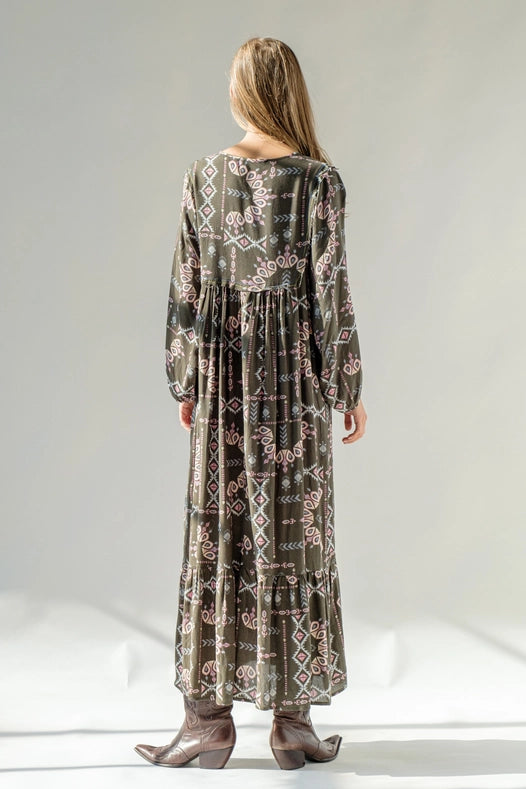 Aztec Rayon Keyhole Trim Detail Tassel Midi Dress-Dress-Blue B-S-Urbanheer