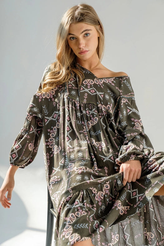 Aztec Rayon Keyhole Trim Detail Tassel Midi Dress-Dress-Blue B-S-Urbanheer