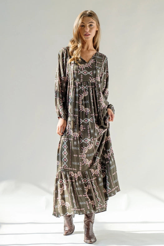 Aztec Rayon Keyhole Trim Detail Tassel Midi Dress-Dress-Blue B-S-Urbanheer