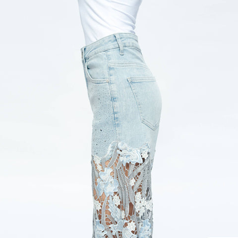 BAYEAS - HIGH RISE WIDE LEG JEANS WITH LACE SPLICED BLUE-Fashion-BAYEAS-LESLEY BLUE-26-Urbanheer