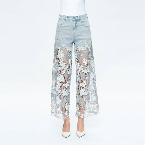 BAYEAS - HIGH RISE WIDE LEG JEANS WITH LACE SPLICED BLUE-Fashion-BAYEAS-LESLEY BLUE-26-Urbanheer
