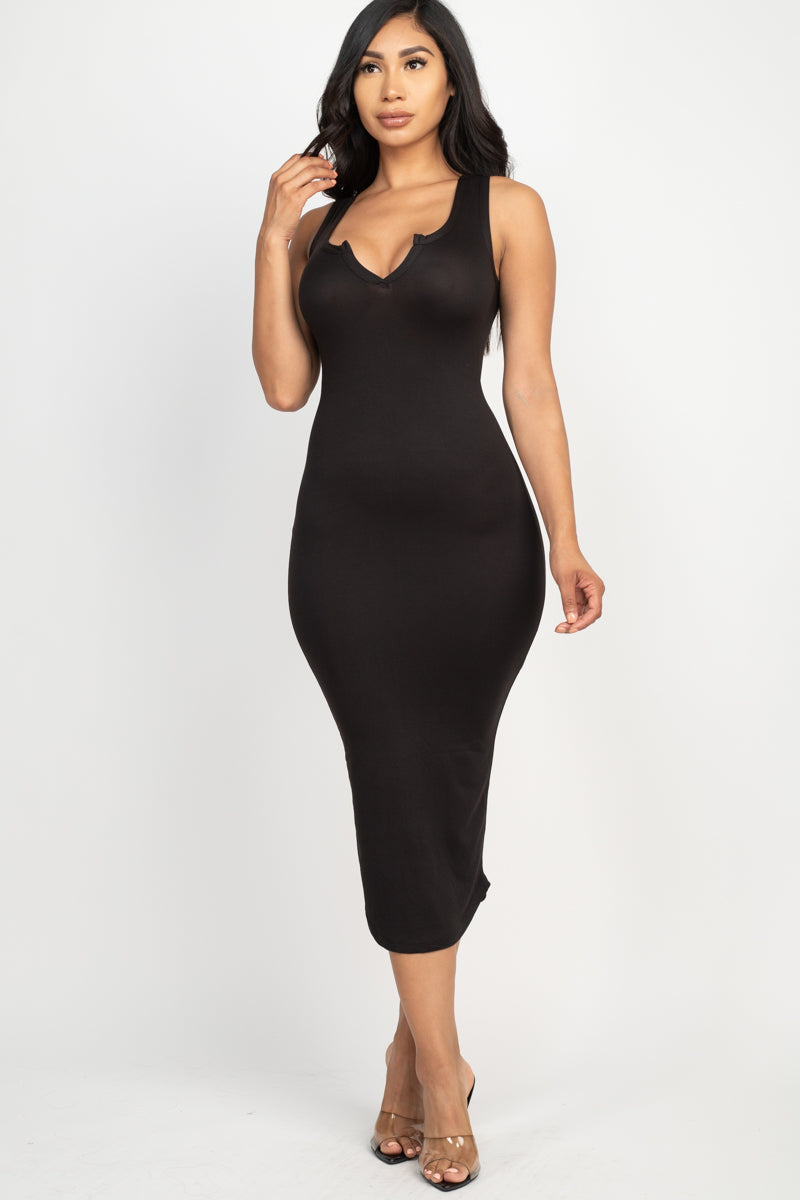 Split Neck Tank Midi Dress (Capella)-Midi Dress-CAPELLA-BLACK-S-Urbanheer