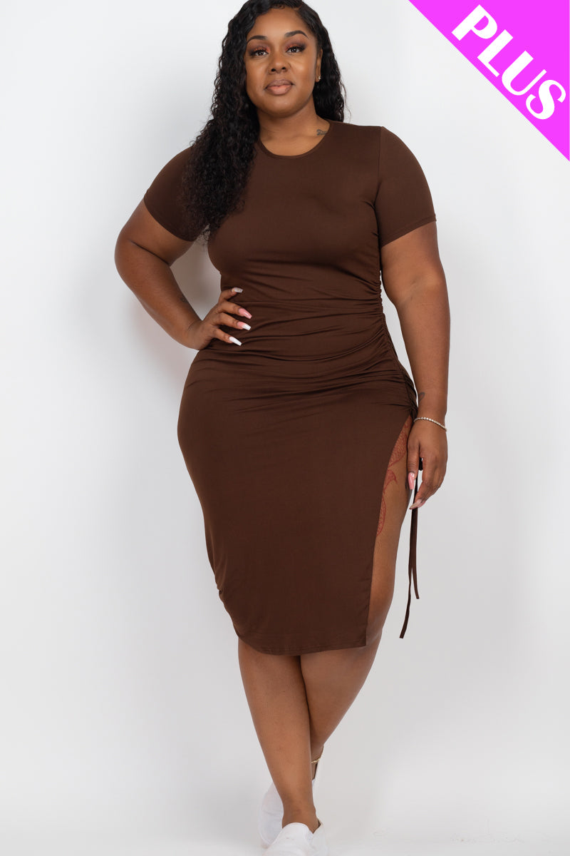 Plus Size Drawstring Ruched Side Split Hem Midi Dress (Capella)-Midi Dress-CAPELLA-COFFEE-1X-Urbanheer