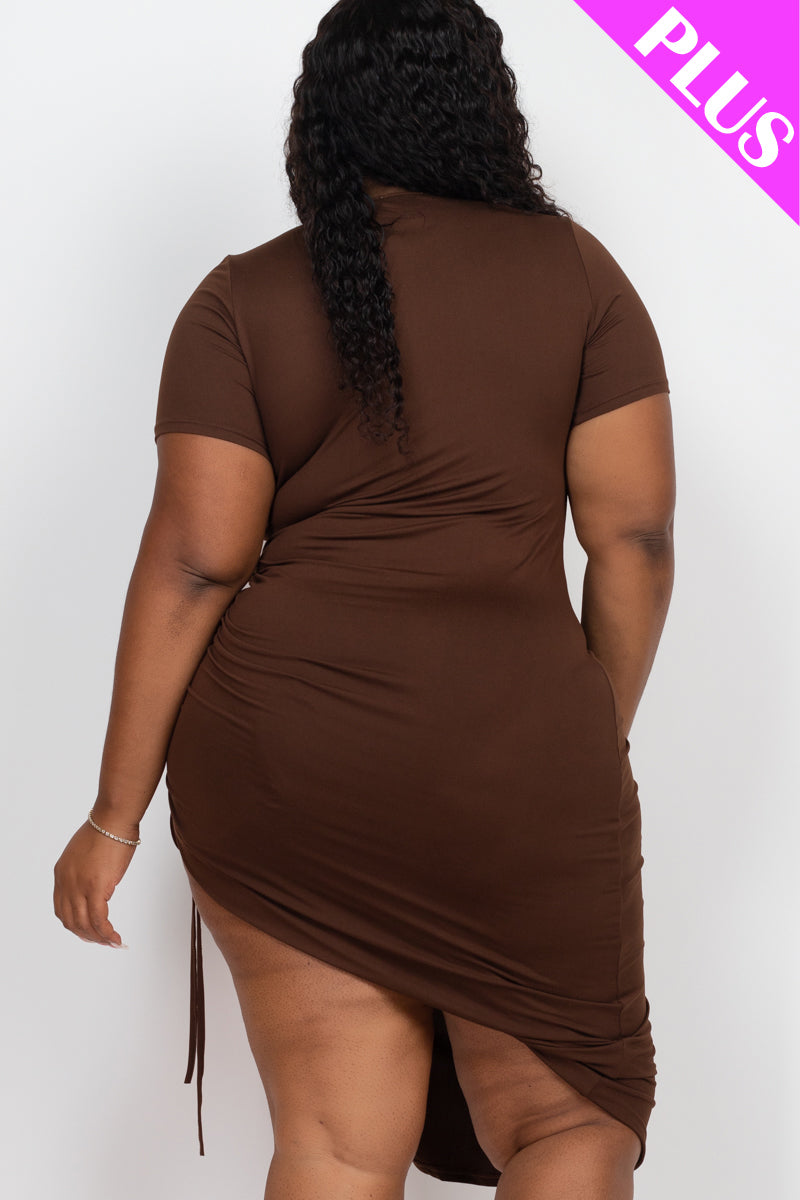Plus Size Drawstring Ruched Side Split Hem Midi Dress (Capella)-Midi Dress-CAPELLA-BLACK-1X-Urbanheer