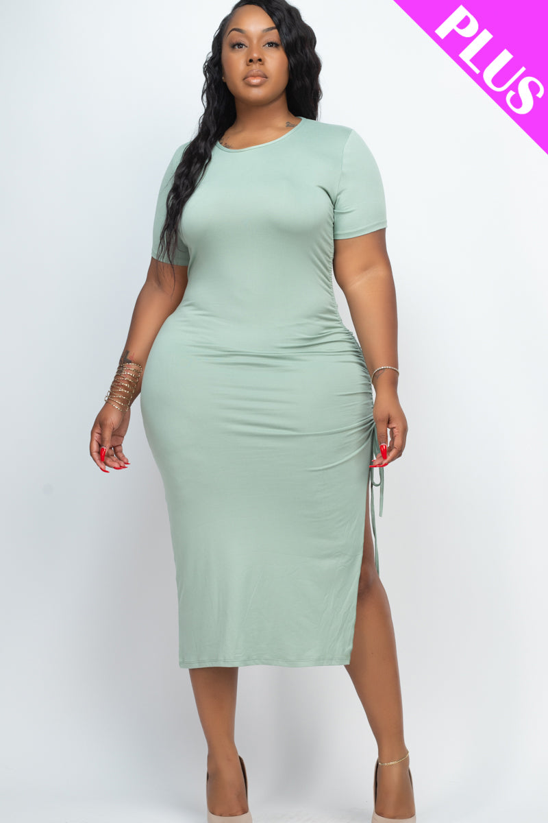 Plus Size Drawstring Ruched Side Split Hem Midi Dress (Capella)-Midi Dress-CAPELLA-GREEN BAY-1X-Urbanheer