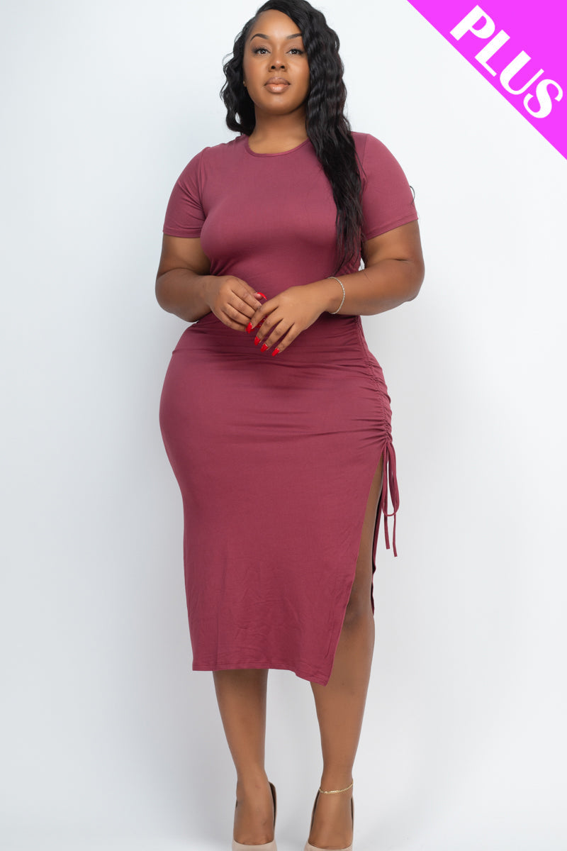 Plus Size Drawstring Ruched Side Split Hem Midi Dress (Capella)-Midi Dress-CAPELLA-NOCTURNE-1X-Urbanheer