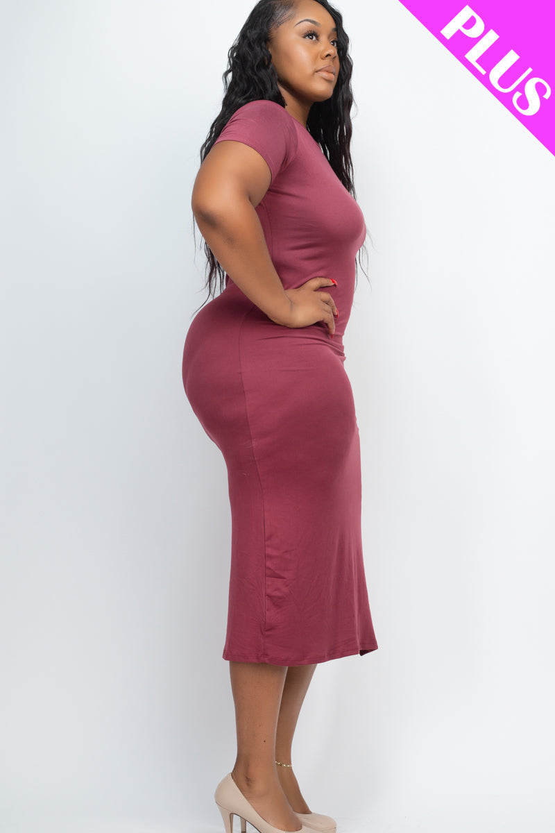 Plus Size Drawstring Ruched Side Split Hem Midi Dress (Capella)-Midi Dress-CAPELLA-BLACK-1X-Urbanheer