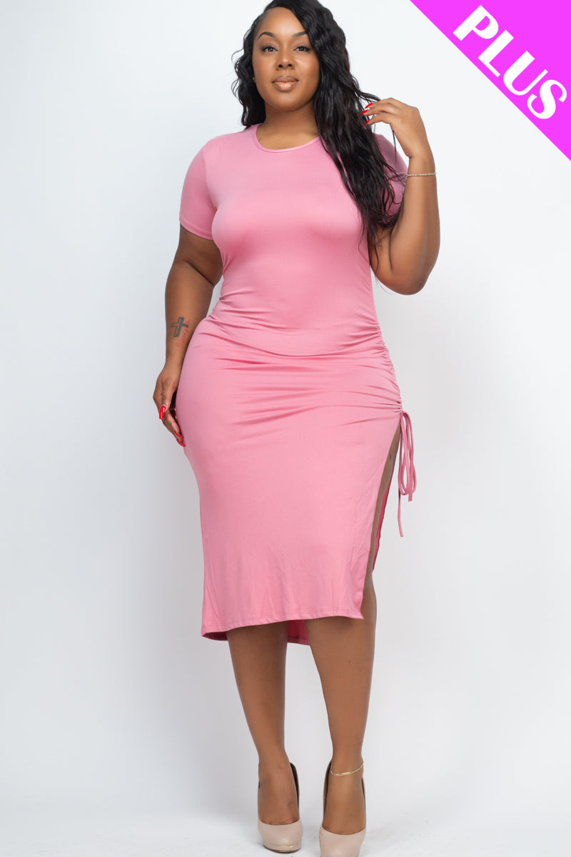 Plus Size Drawstring Ruched Side Split Hem Midi Dress (Capella)-Midi Dress-CAPELLA-POLIGNAC-1X-Urbanheer