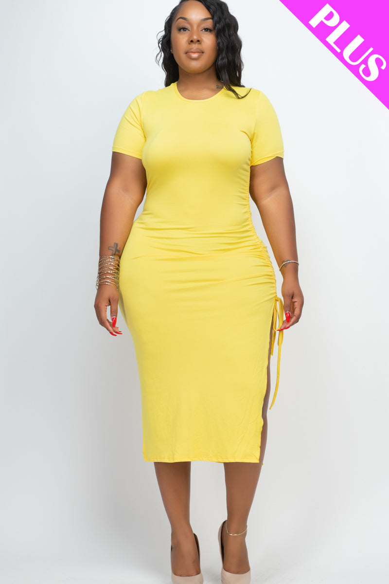 Plus Size Drawstring Ruched Side Split Hem Midi Dress (Capella)-Midi Dress-CAPELLA-YELLOW-1X-Urbanheer