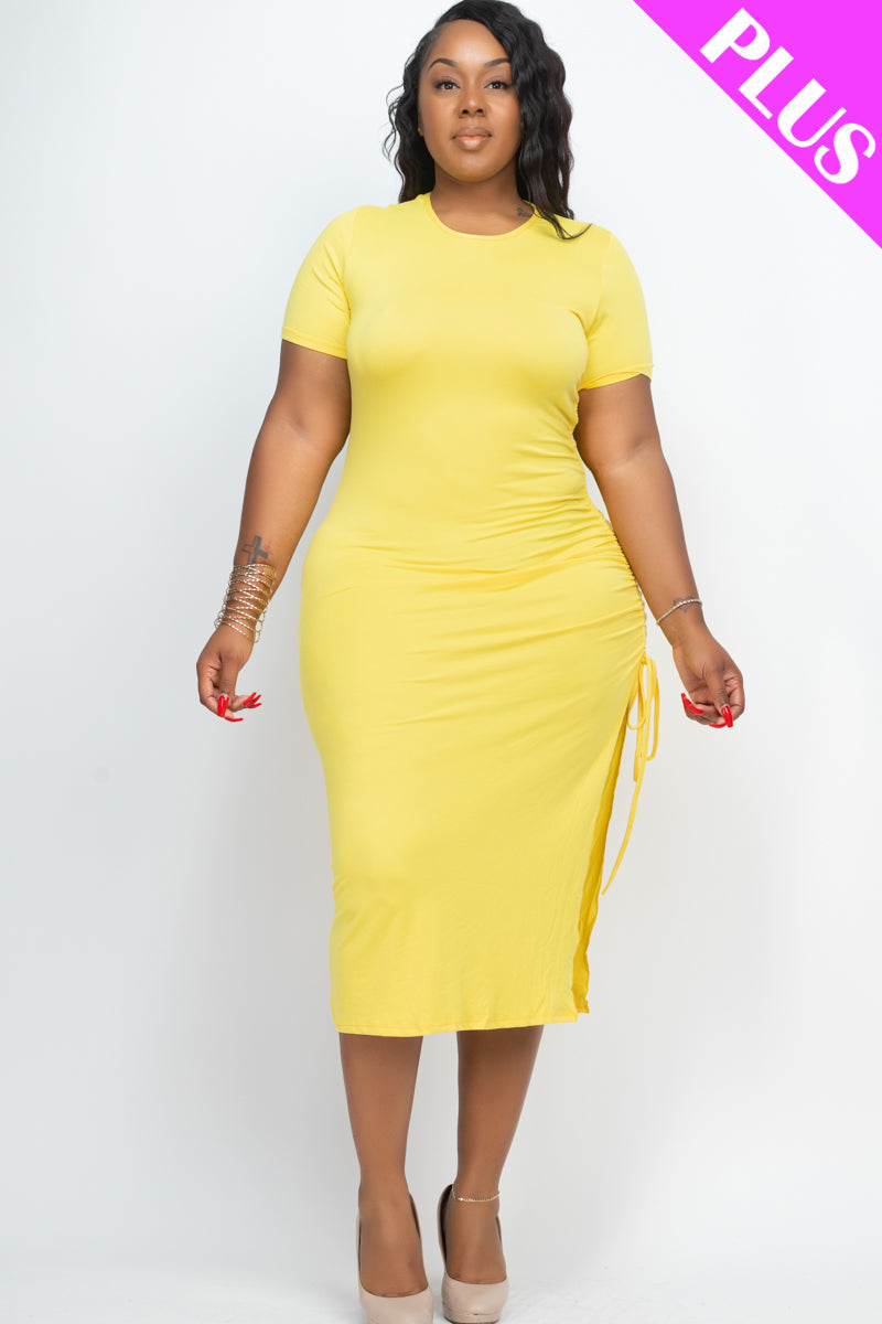 Plus Size Drawstring Ruched Side Split Hem Midi Dress (Capella)-Midi Dress-CAPELLA-BLACK-1X-Urbanheer