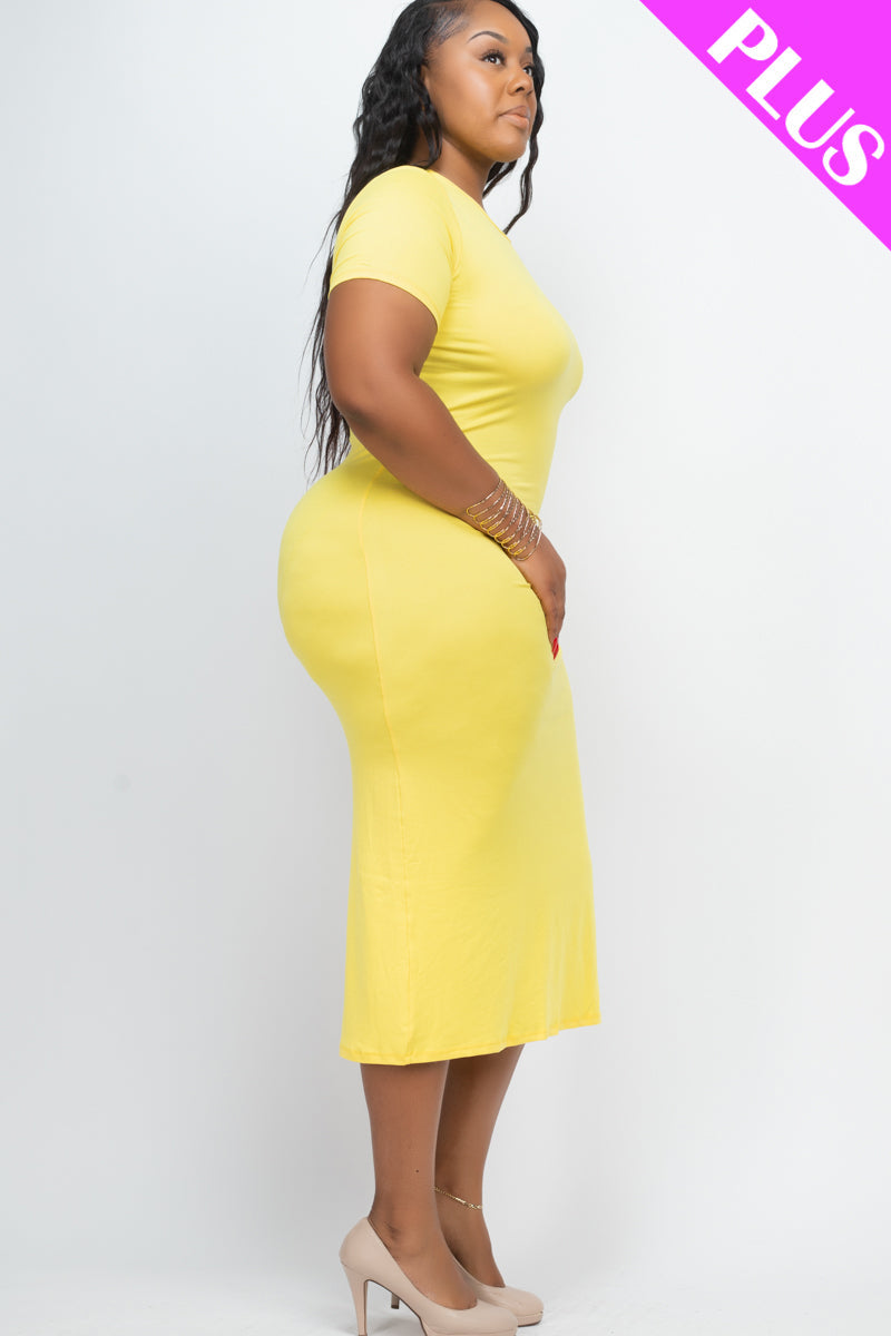 Plus Size Drawstring Ruched Side Split Hem Midi Dress (Capella)-Midi Dress-CAPELLA-BLACK-1X-Urbanheer