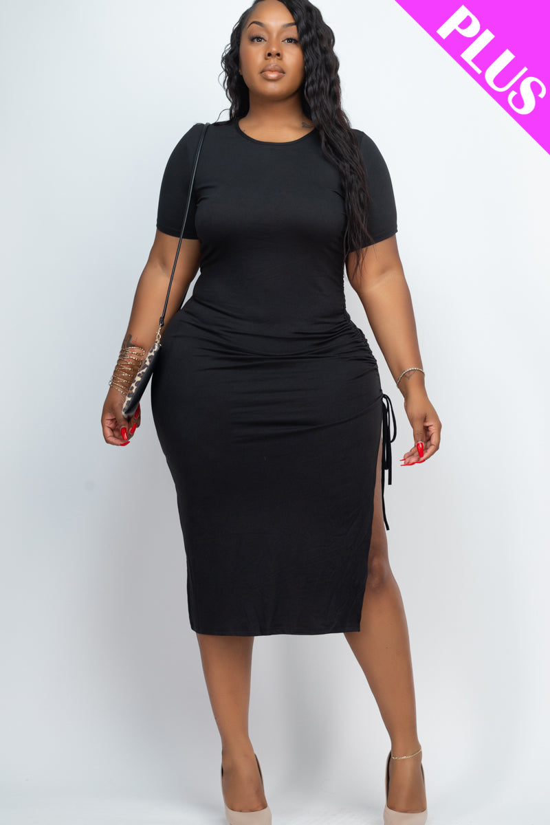 Plus Size Drawstring Ruched Side Split Hem Midi Dress (Capella)-Midi Dress-CAPELLA-BLACK-1X-Urbanheer